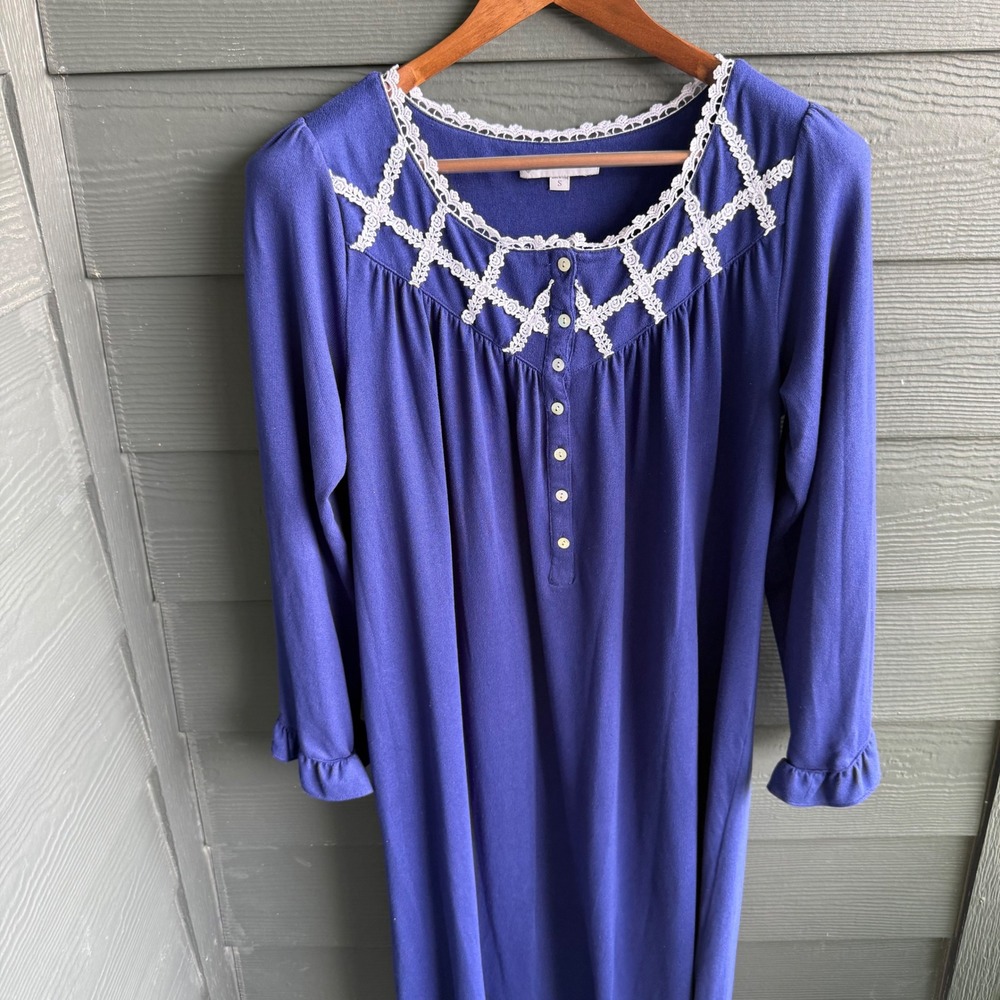 Eileen West Lace Trim Nightgown Purple Ruffle Hem Long Sleeve Women's Small